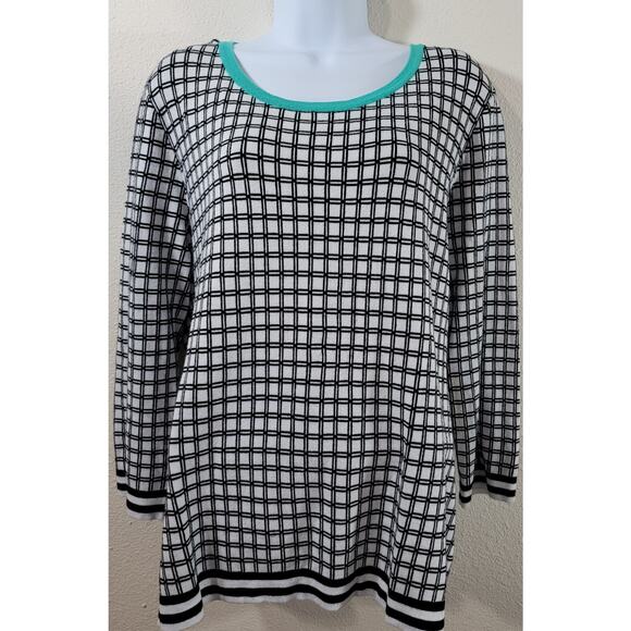 Cato Black White Check Round Neck Sweater Top XL Soft Stretchy Cozy Banded Waist - Picture 1 of 5
